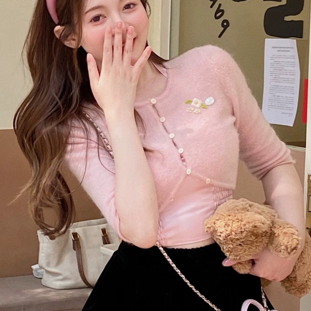 Japanese Kawaii Pastel Pink Cottage Floral Embroidered Crop Knitted Cardigan Top